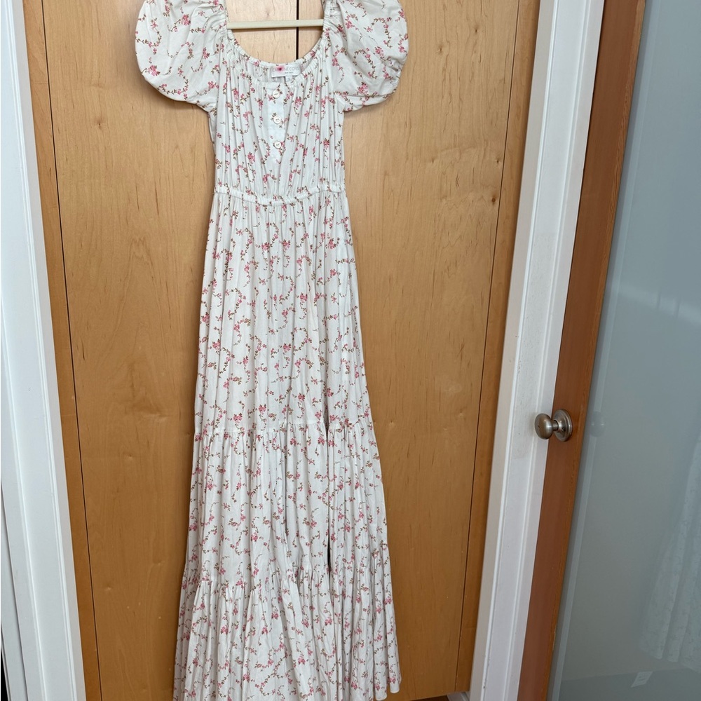 White Floral Maxi Dress with Puff Sleeves